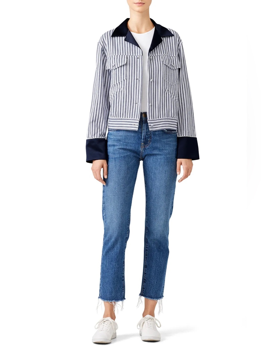 Harvey Faircloth Striped Denim Cropped Jacket Navy White XS Made in USA